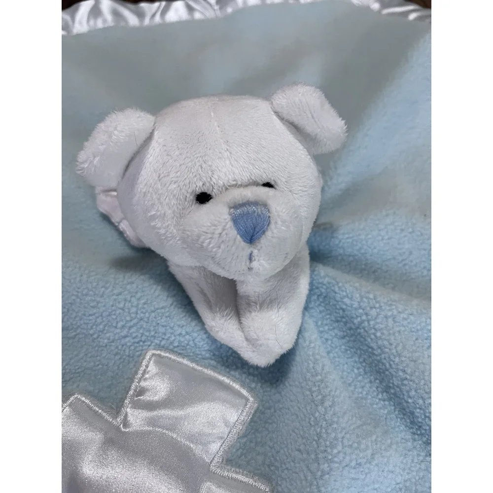 Baby Boom‎ Blue Lovey Security Blanket White Angel Bear Satin Cross Trim